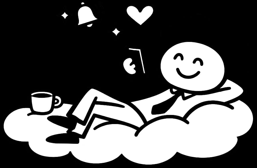 A person relaxing on a cloud with a phone and a coffee