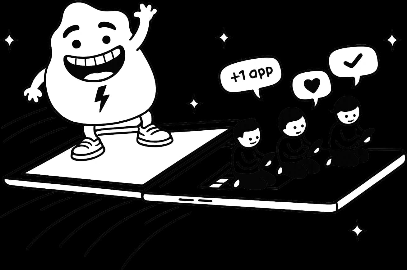 The Frsh blob mascot rides a flying laptop while three business owners tap on their phones