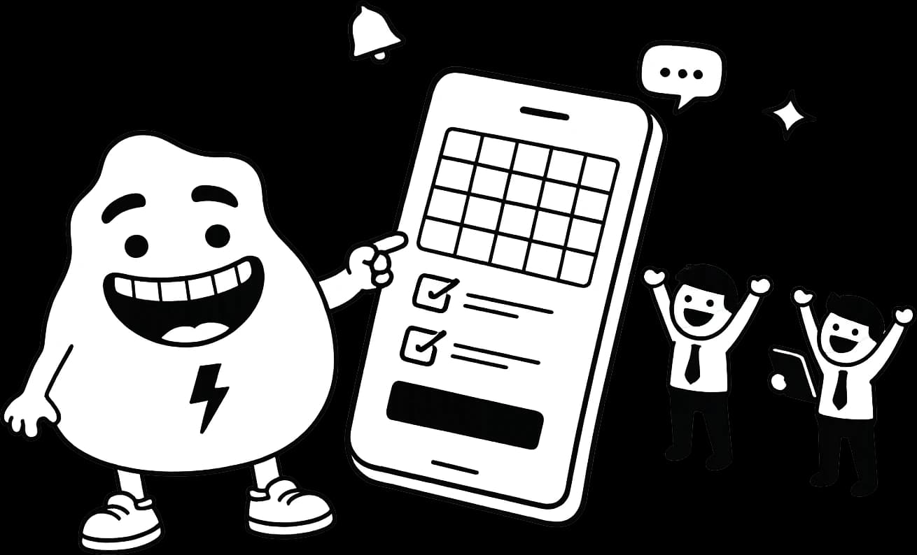 The blob mascot points at a phone showing a calendar and a checklist while two people cheer
