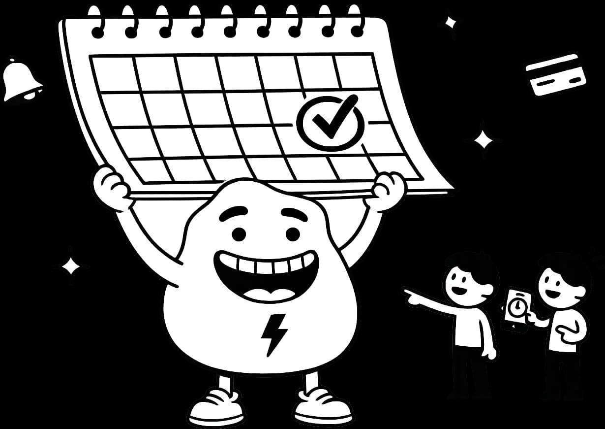 The blob mascot holding up a calendar with a date ticked