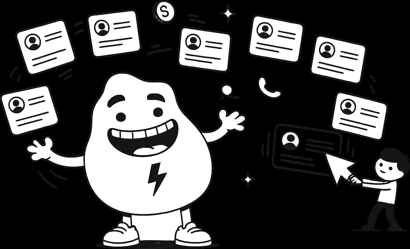 The blob mascot juggling contact cards in a pipeline while a person drags one across