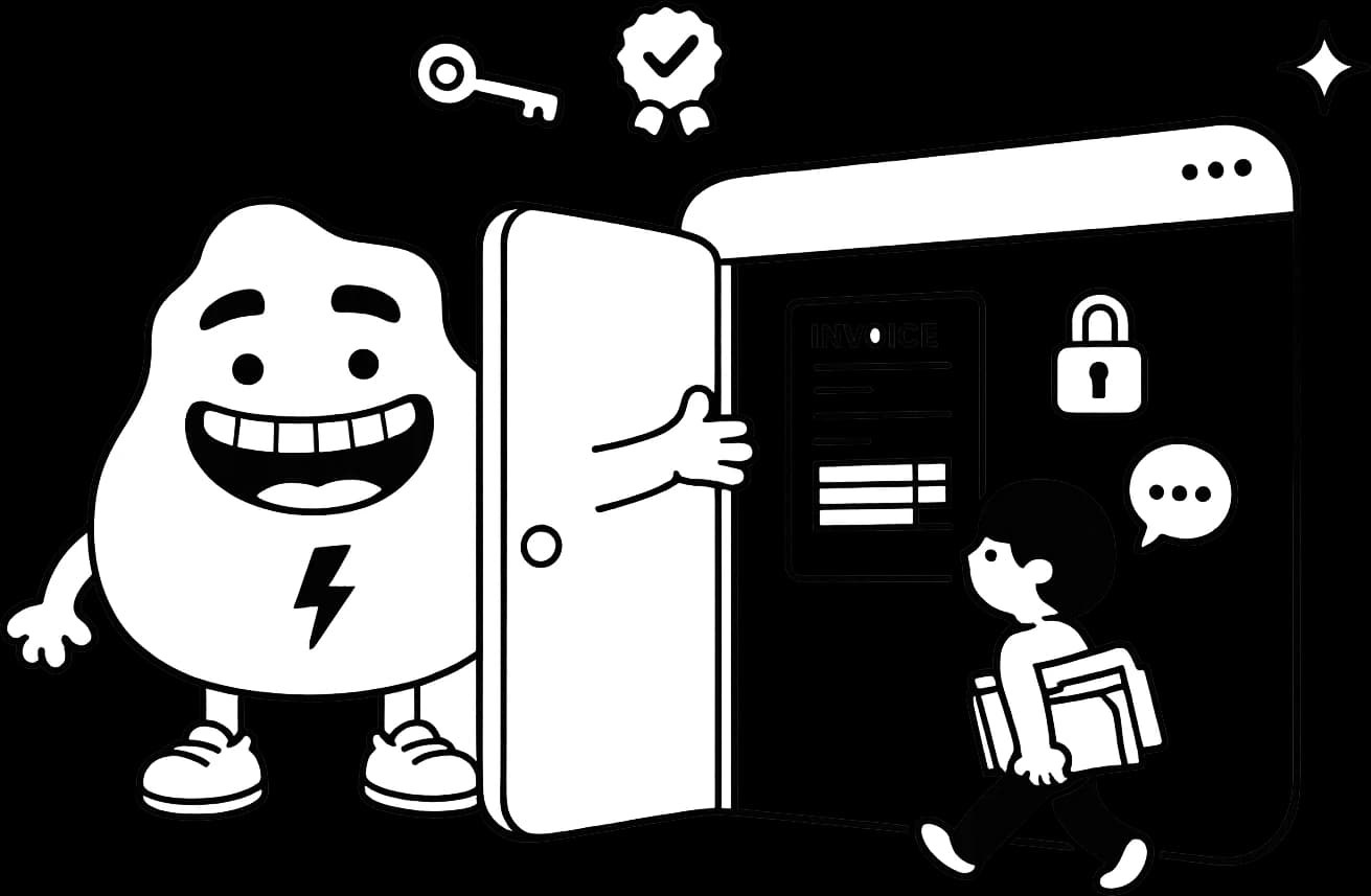 The blob mascot holding a door open into an app for a customer